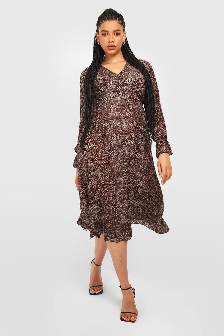Brown Plus Leopard Woven Midi Dress