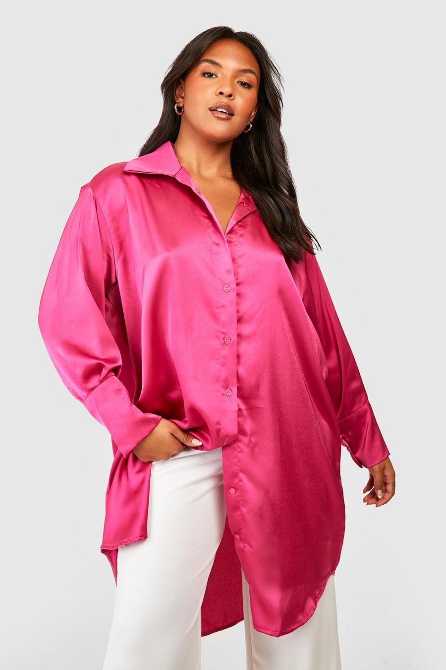 Hot pink Plus Satin Longline Shirt  image number 1