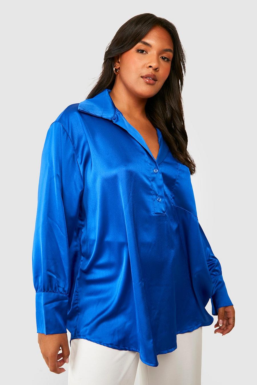Cobalt azzurro Plus Satin Tunic Shirt