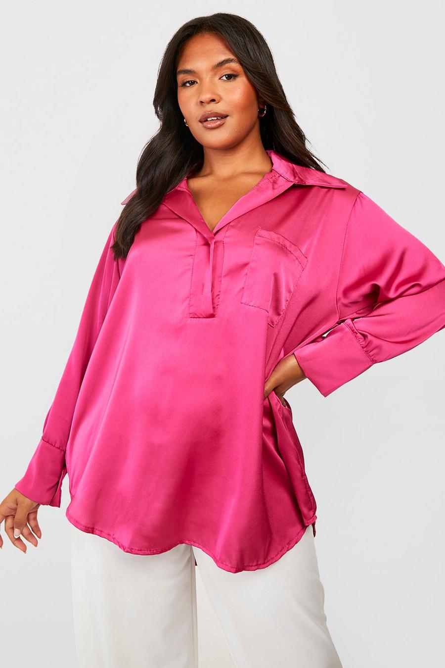 Hot pink Plus Satin Tunic Shirt image number 1