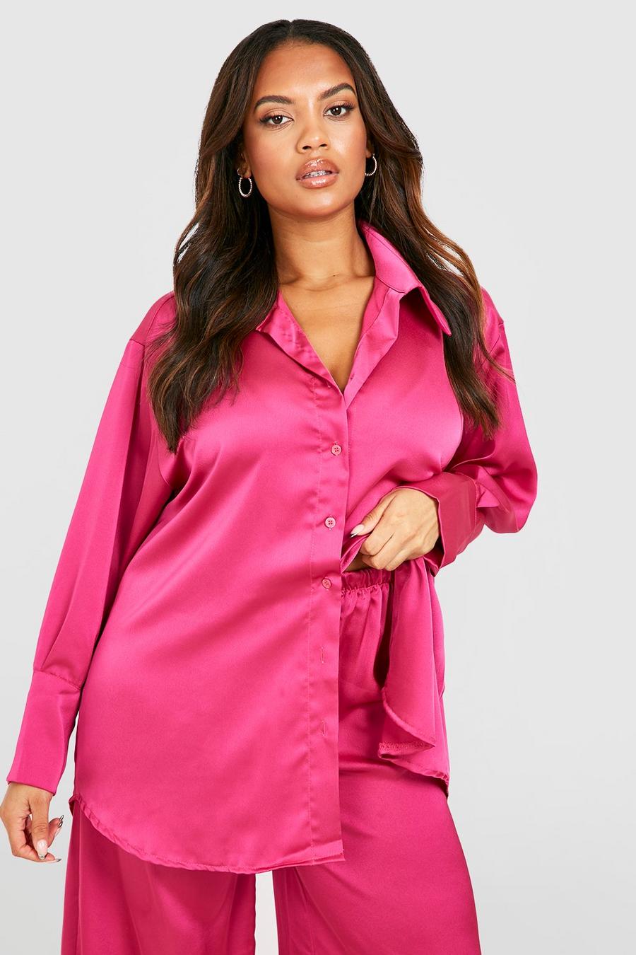 Hot pink Plus Satin Oversized Shirt 