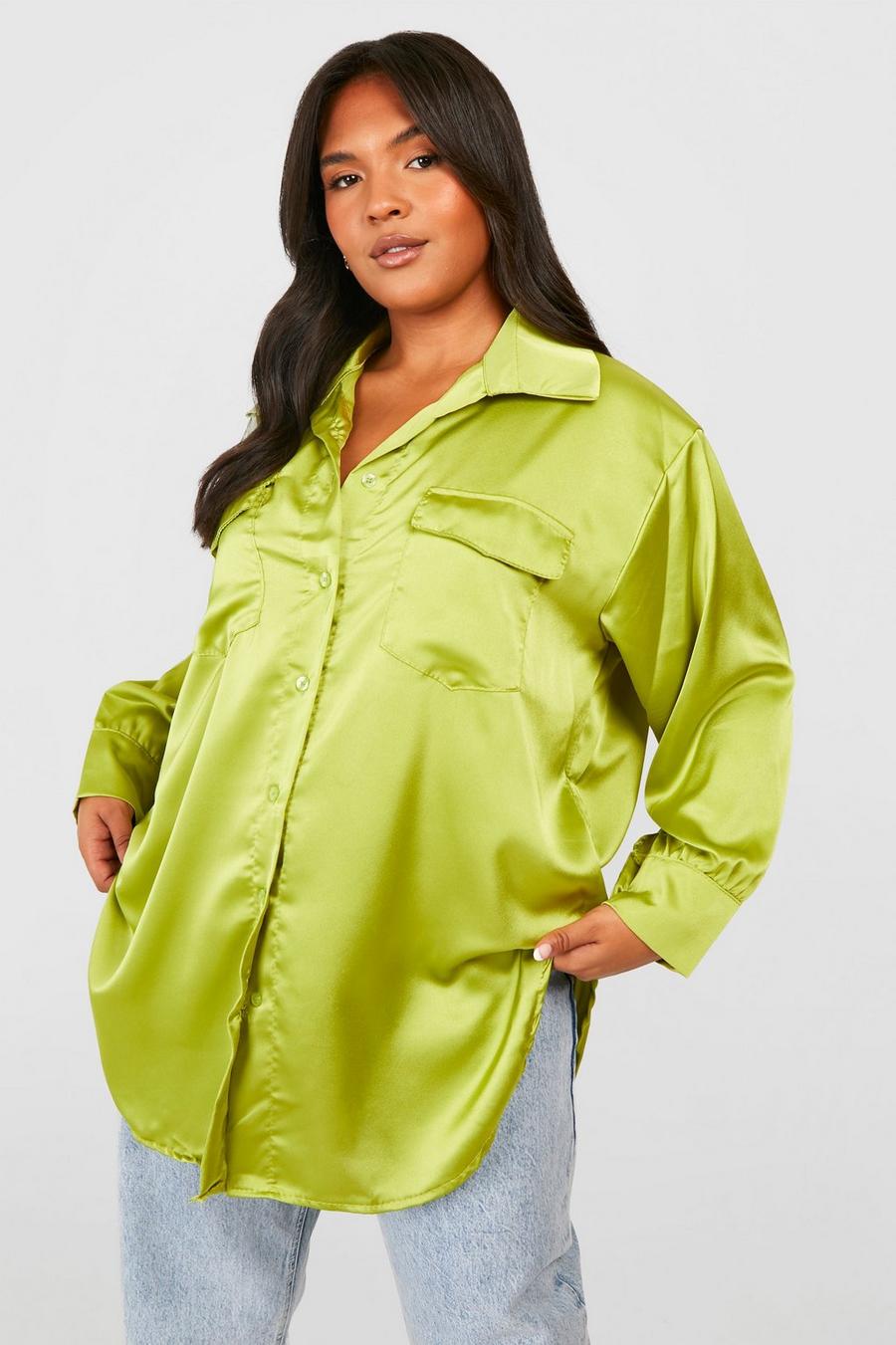 Olive green Plus Satin Oversized Utility Shirt 