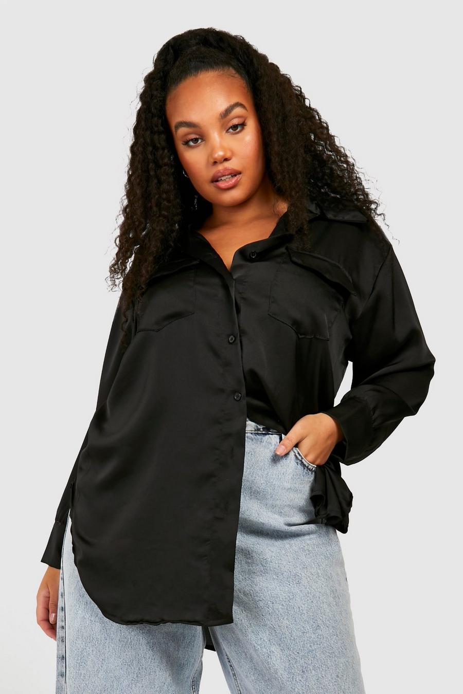 Black negro Plus Satin Oversized Utility Shirt image number 1