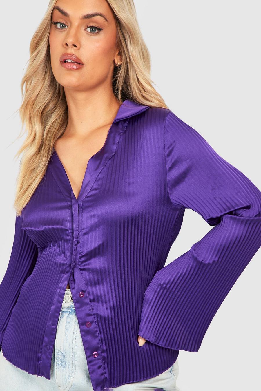 Purple Plus Satin Plisse Flare Sleeve Shirt image number 1