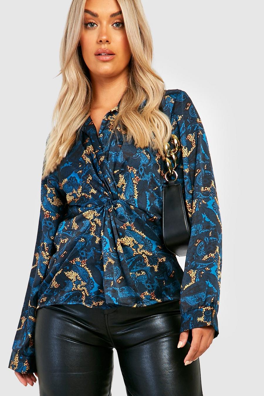 Camicia Plus Size in raso leopardato in fantasia cachemire con dettagli attorcigliati, Blue