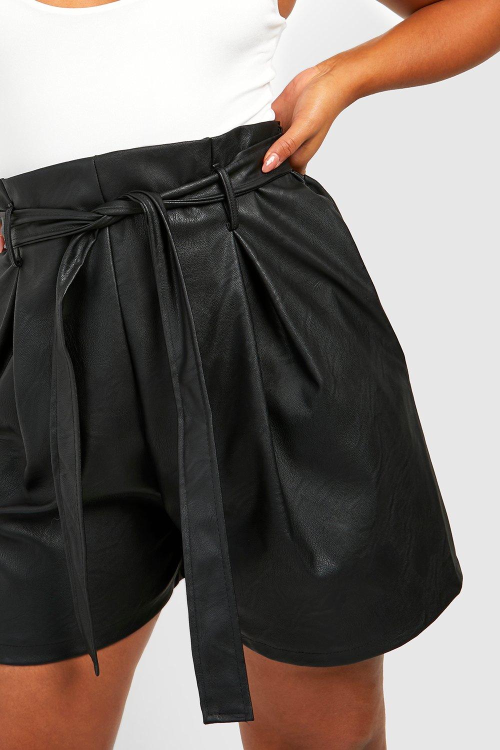 DALLNS Women Black High Waisted Shorts Faux Leather Paper Bag