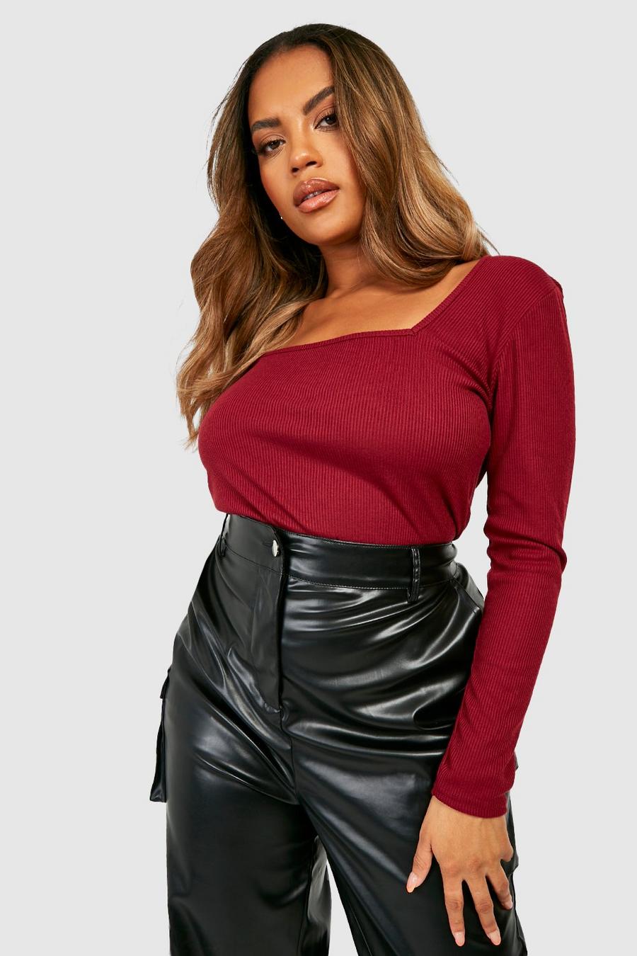 Wine Plus Square Neck Long Sleeve Top  image number 1