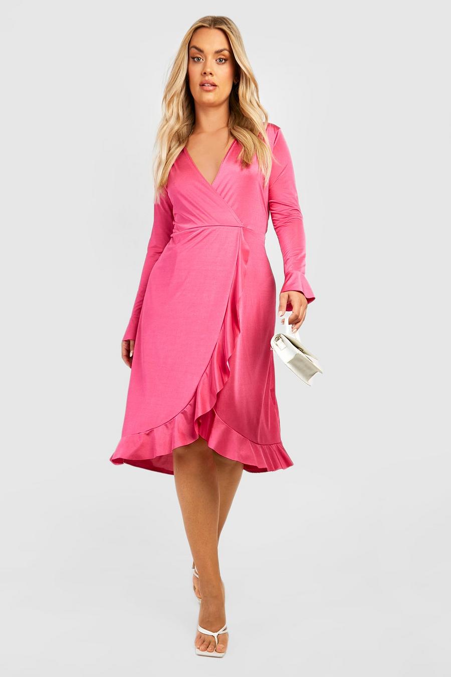 Hot pink Plus Slinky Ruffle Wrap Midi Dress image number 1