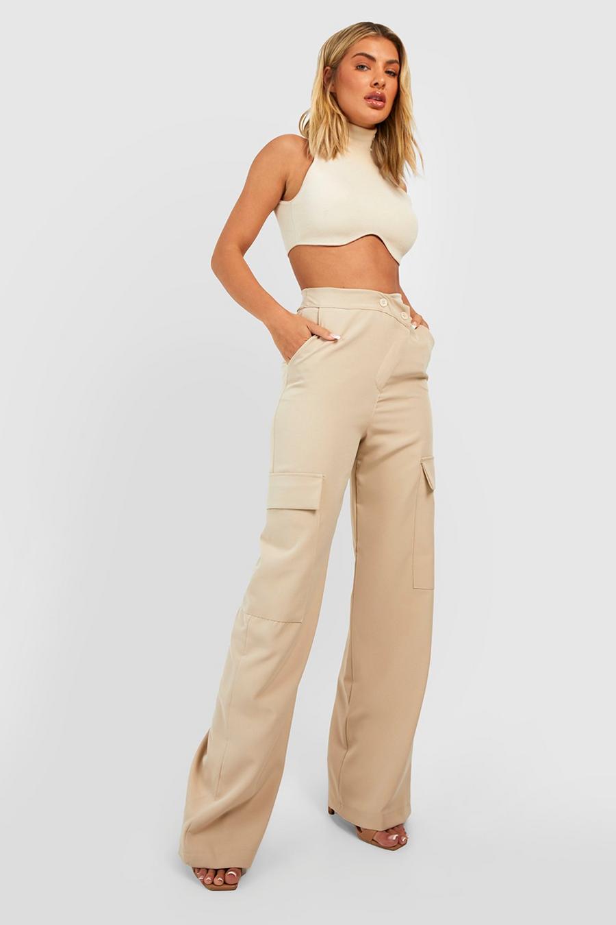 Ecru Asymmetric Waist Relax Fit Tailored Cargo Pants image number 1