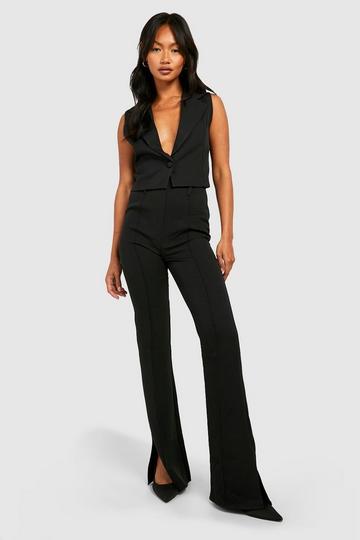 High Waisted Split Hem Tailored Flared Pants black