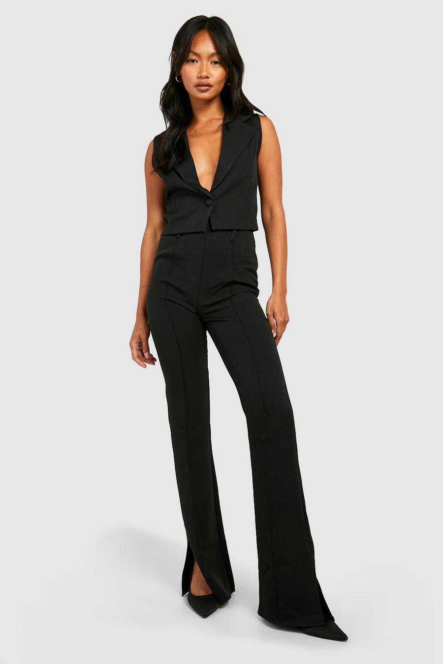 Black High Waisted Split Hem Tailored Flared Trousers image number 1