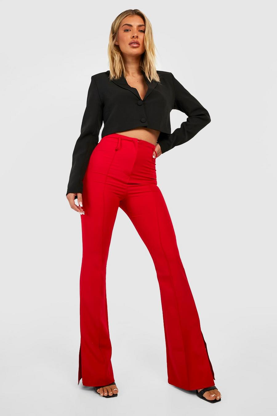 Red High Waisted Split Hem Tailored Flared Trousers image number 1