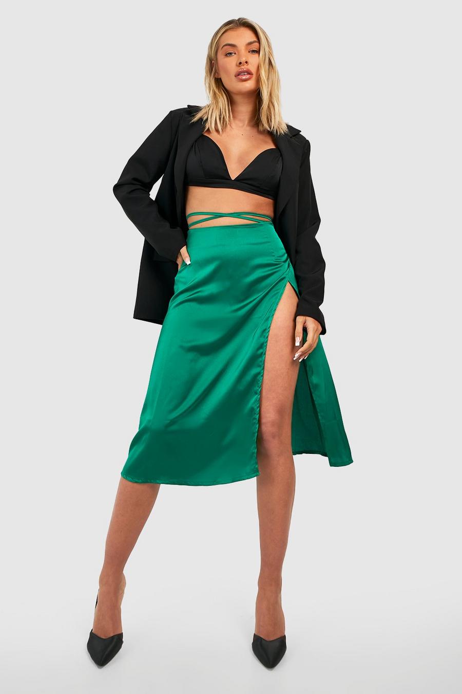 Green Tie Waist Wrap Satin Midi Skirt image number 1