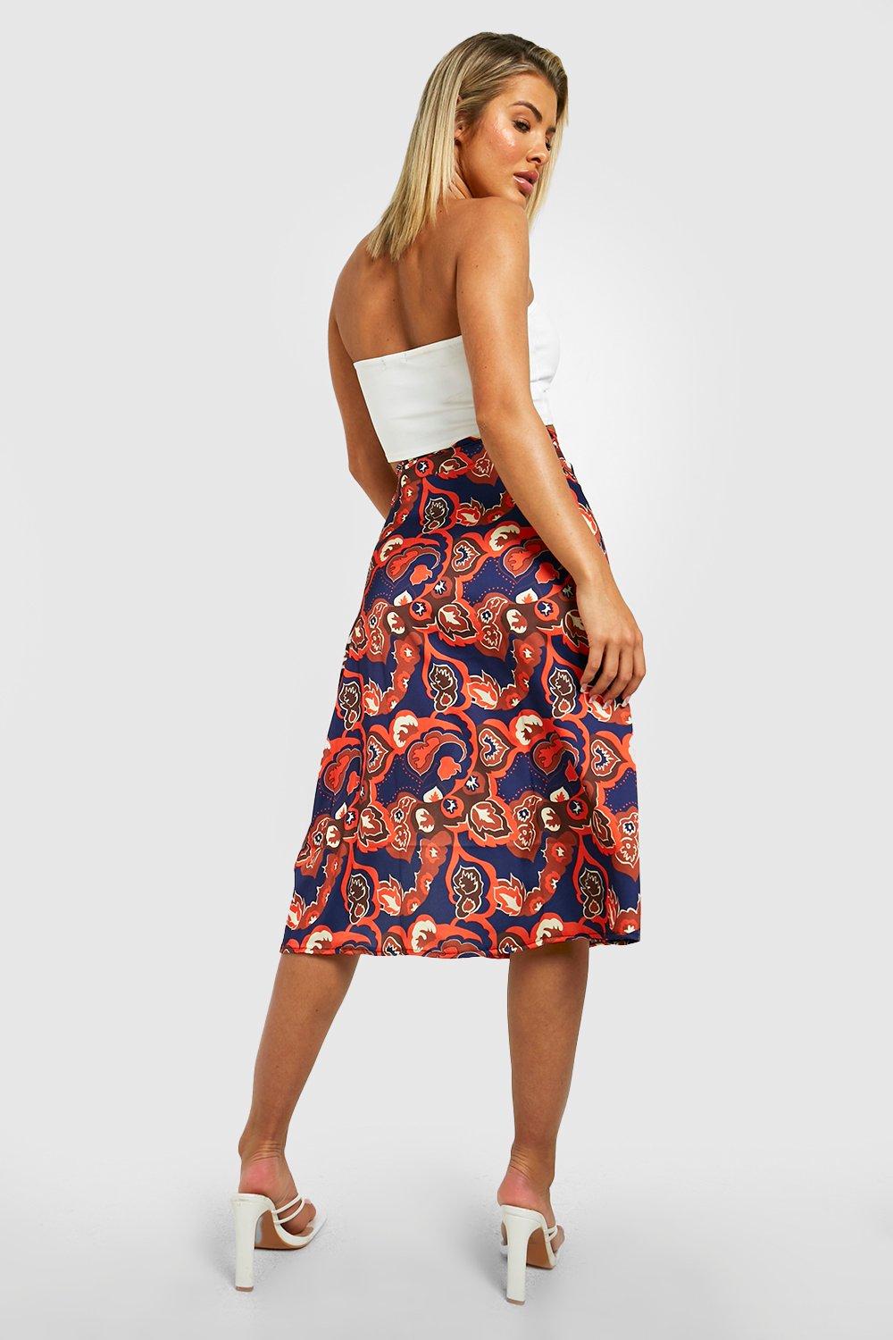 Boohoo exclusive satin wrap midi outlet skirt in spot print