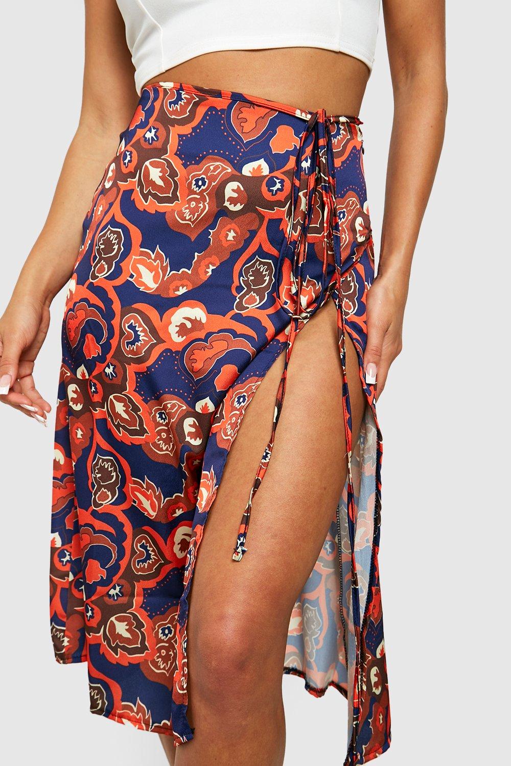 Boohoo exclusive satin wrap midi skirt in hotsell spot print