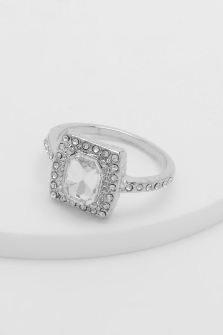 Silver Square Halo Statement Ring