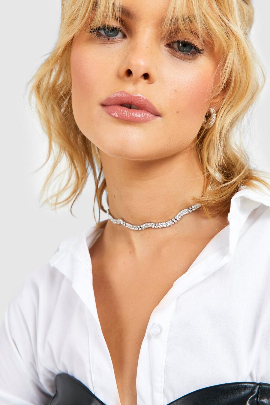 Silver Crystal Row Wave Choker Necklace image number 1