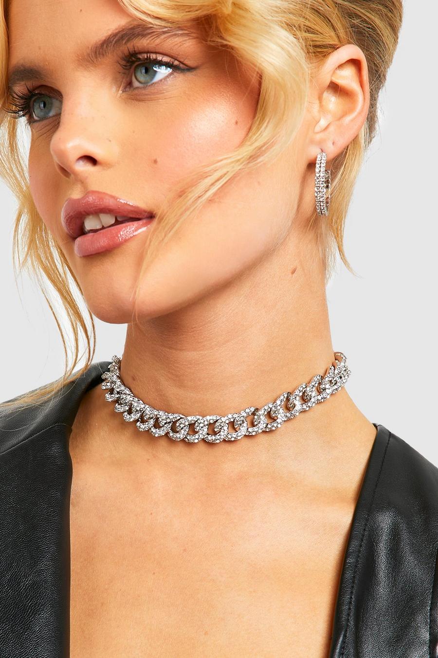 Silver Pave Crystal Chain Link Choker Necklace image number 1