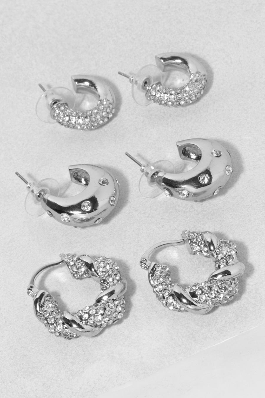 Silver Pave 3 Pack Mixed Hoop Earrings image number 1