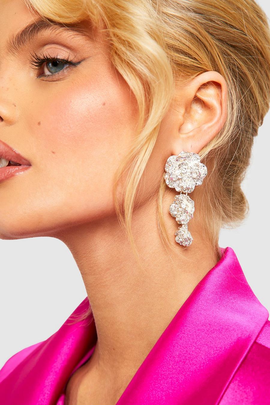 Silver Pave Rose Triple Drop Earring image number 1