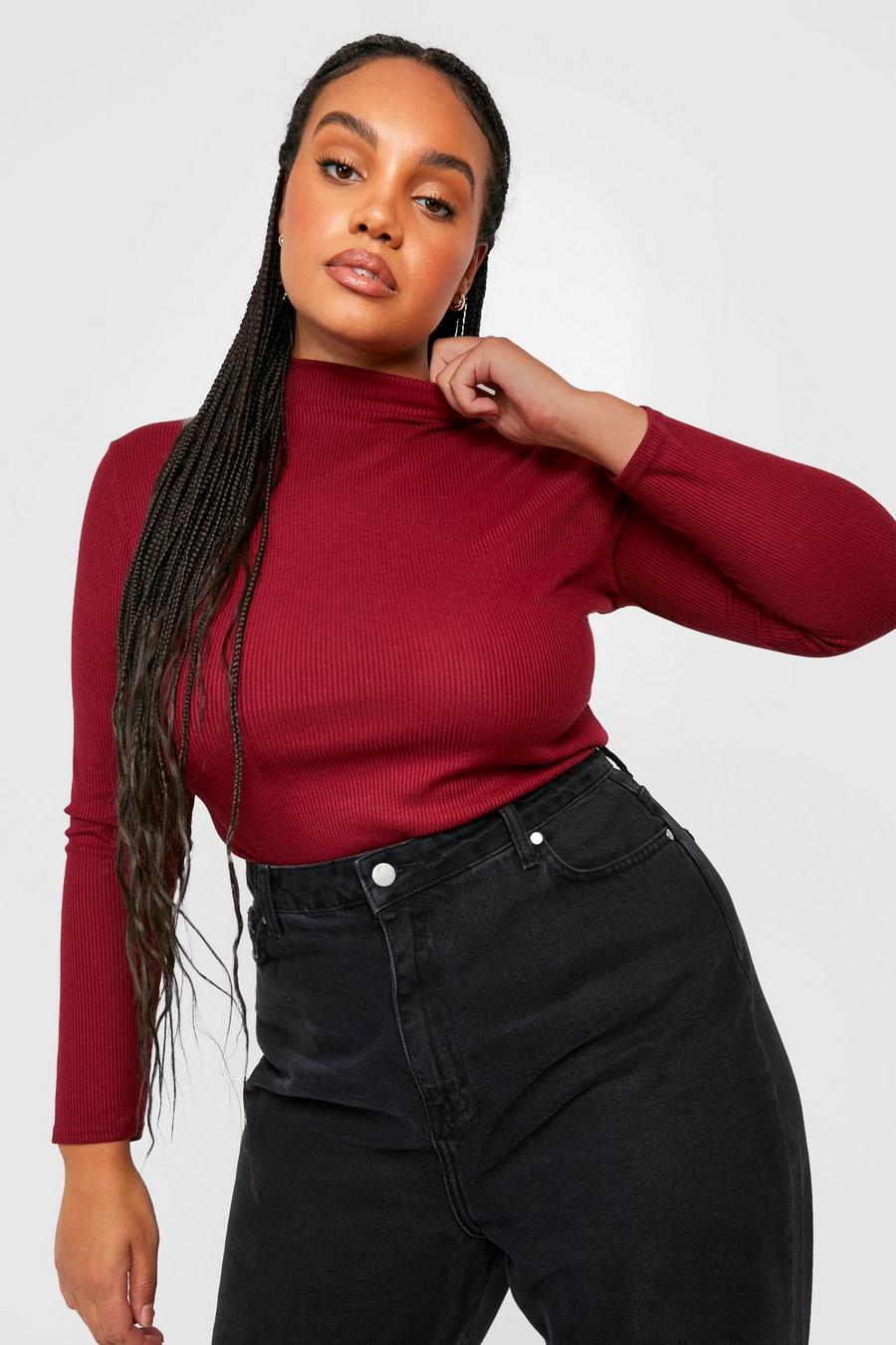 Wine Plus Funnel Neck Long Sleeve Top     image number 1