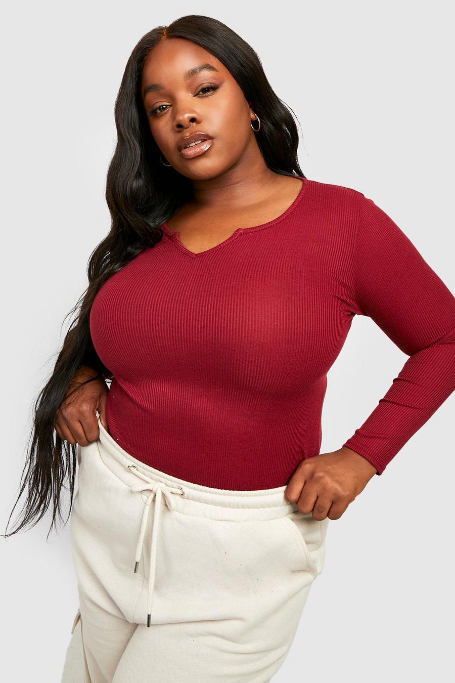 Wine Plus Notch Long Sleeve Top  image number 1