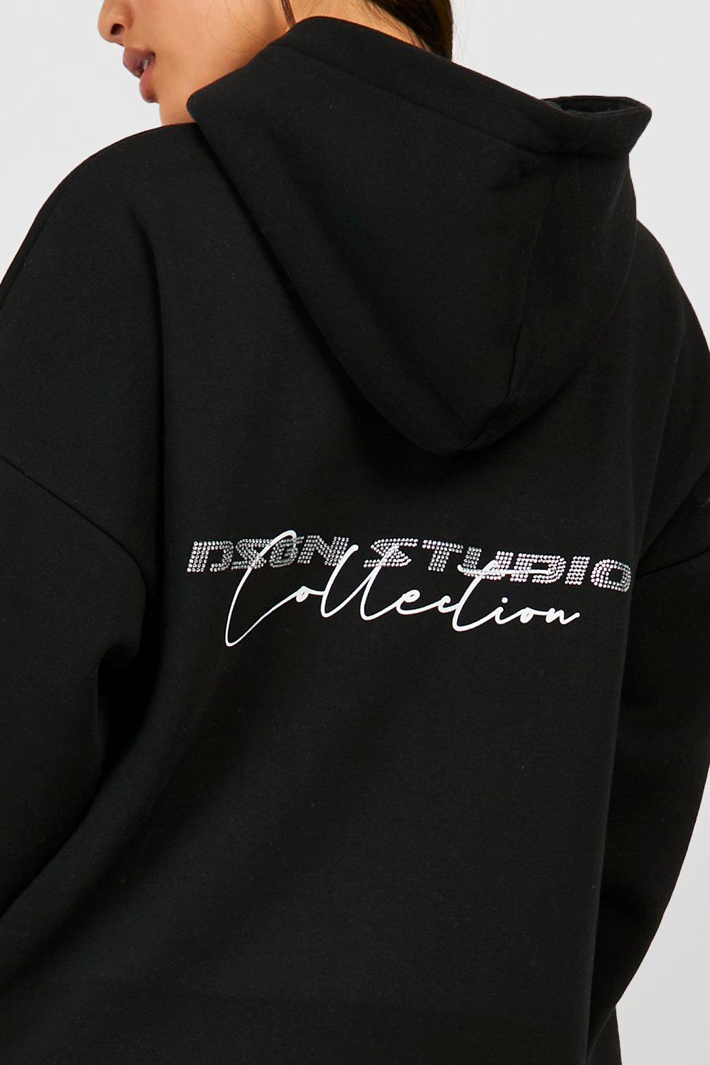 Rhinestone Script Slogan Oversized Hoodie