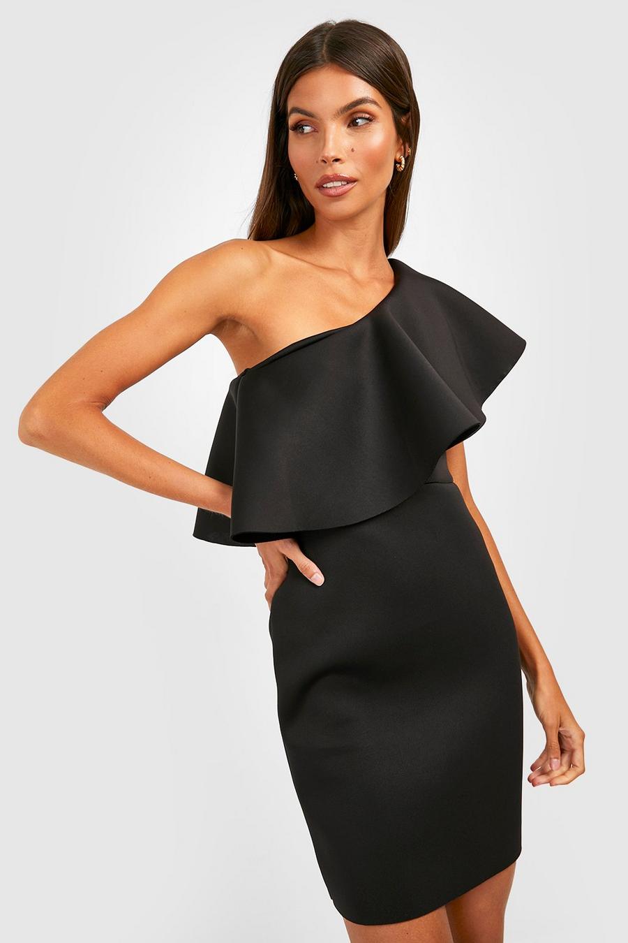שחור שמלת מיני מבד סקובה One Shoulder image number 1