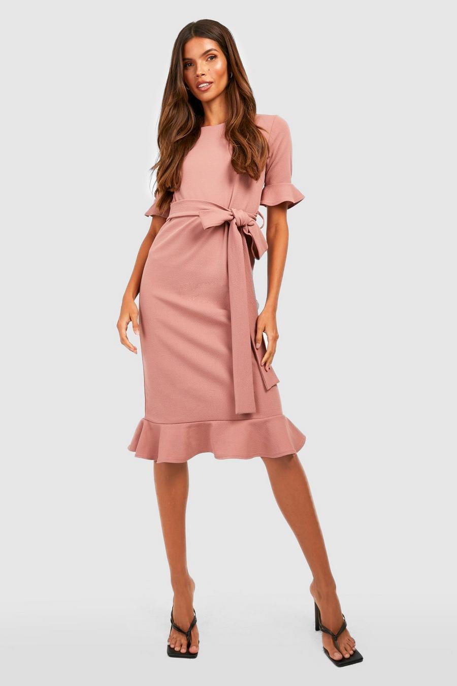 Blush pink Frill Detail Belted Midi Dress
