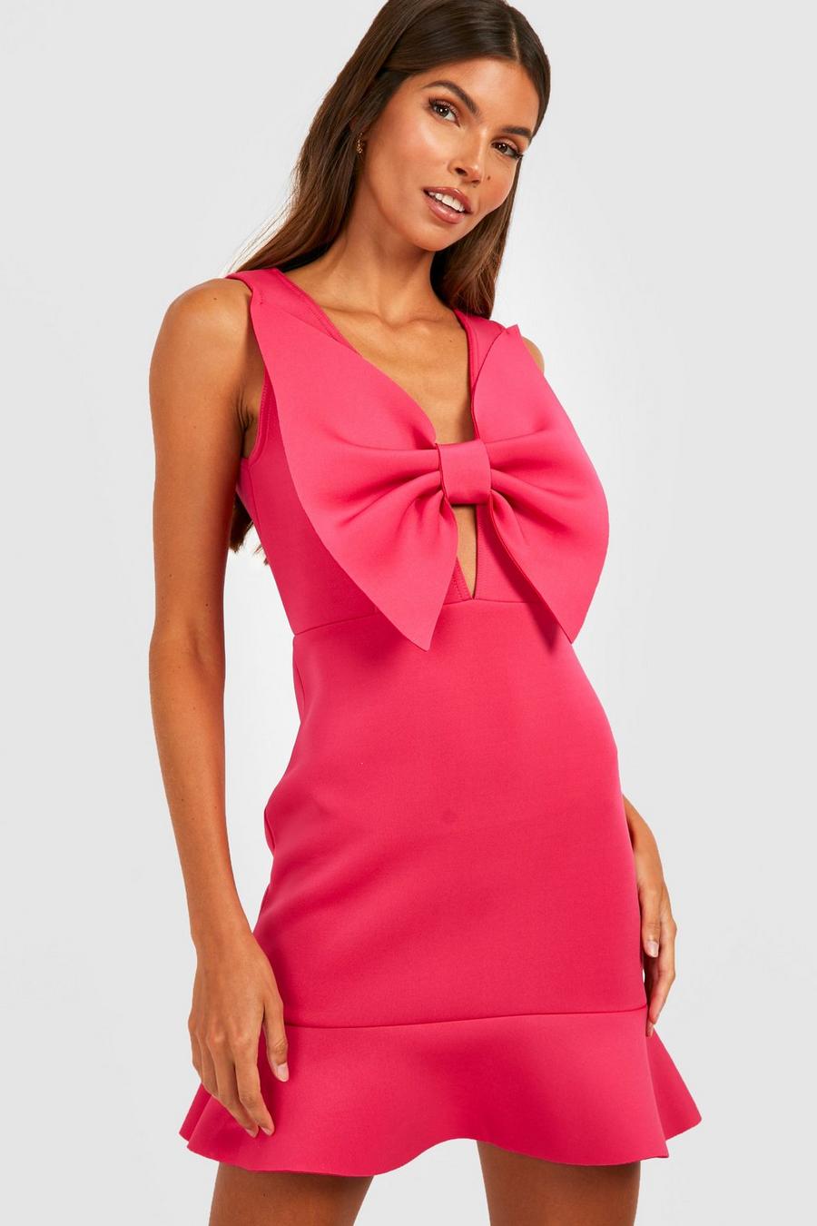Hot pink Scuba Bow Detail Frill Hem Mini Dress image number 1