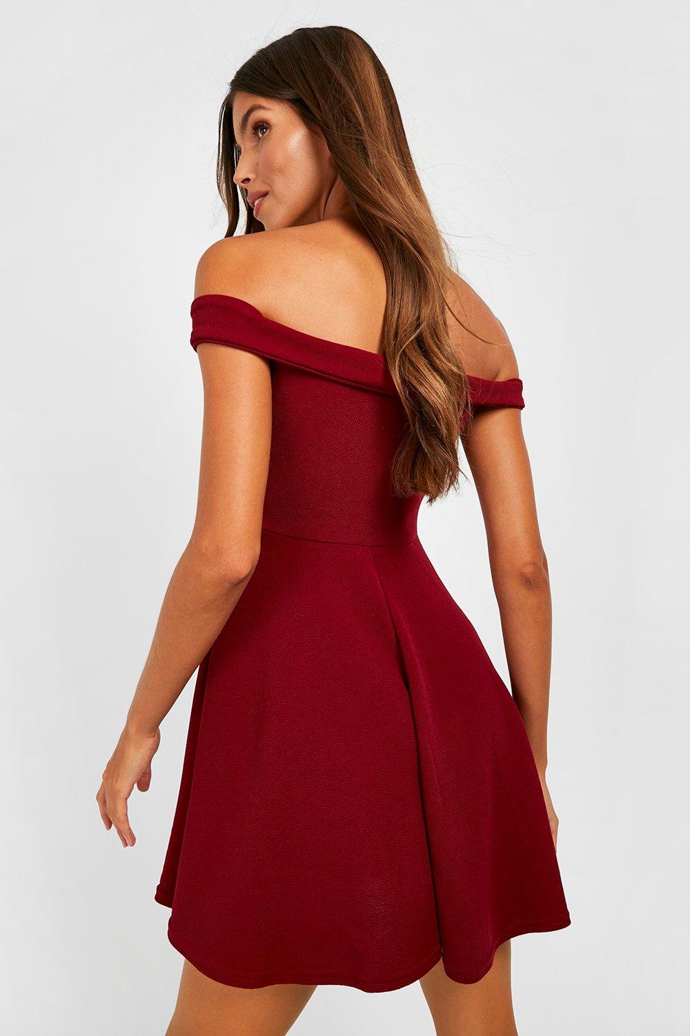 Boohoo red off deals the shoulder dress