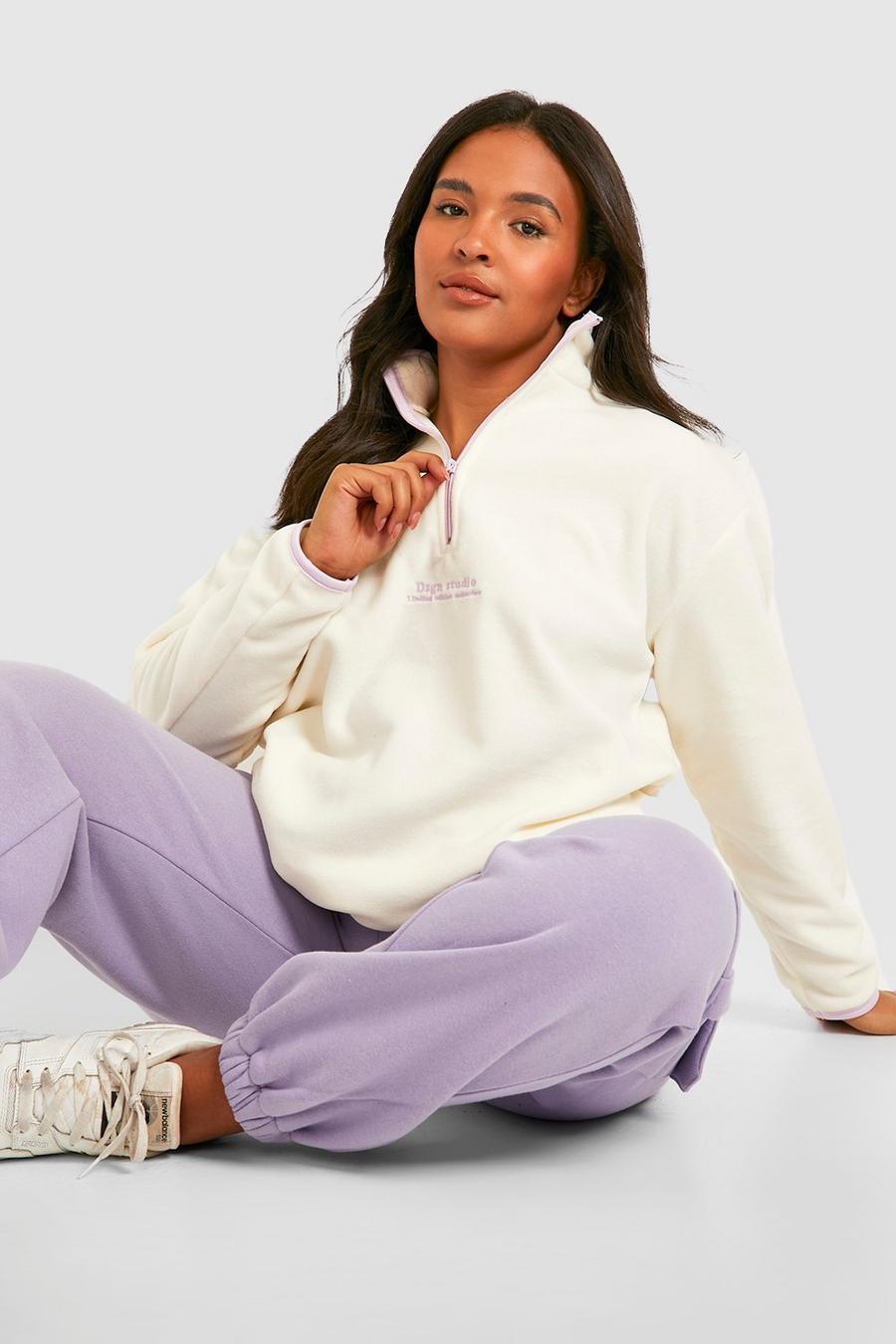 Ecru weiß Plus Polar Fleece Contrast Zip Sweater  image number 1