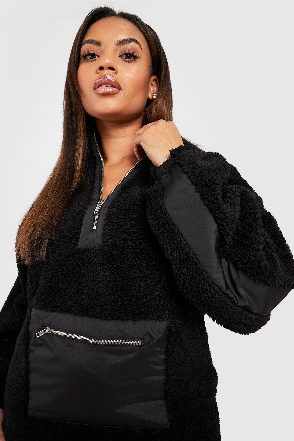 Plus Premium Borg Nylon Half Zip Sweater | boohoo