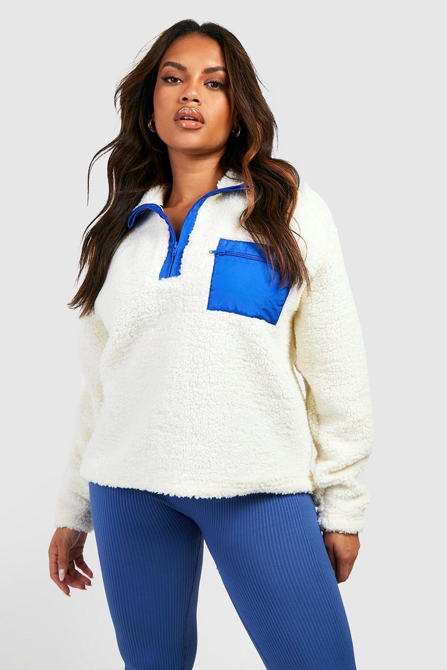 Ecru Plus Premium Borg Nylon Half Zip Sweater image number 1