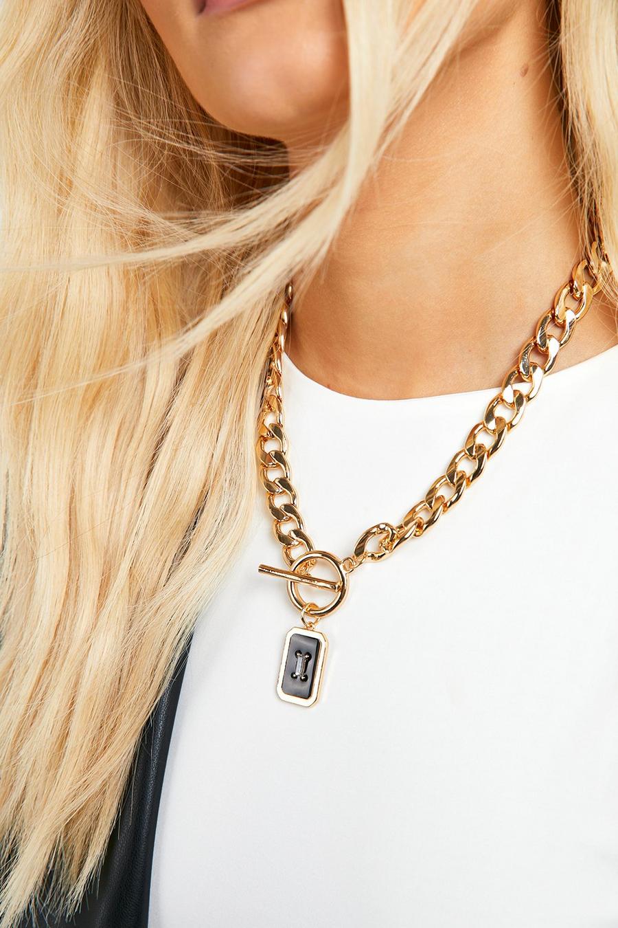 Gold metallic Black Enamel Charm Polished Chunky Chain Necklace image number 1