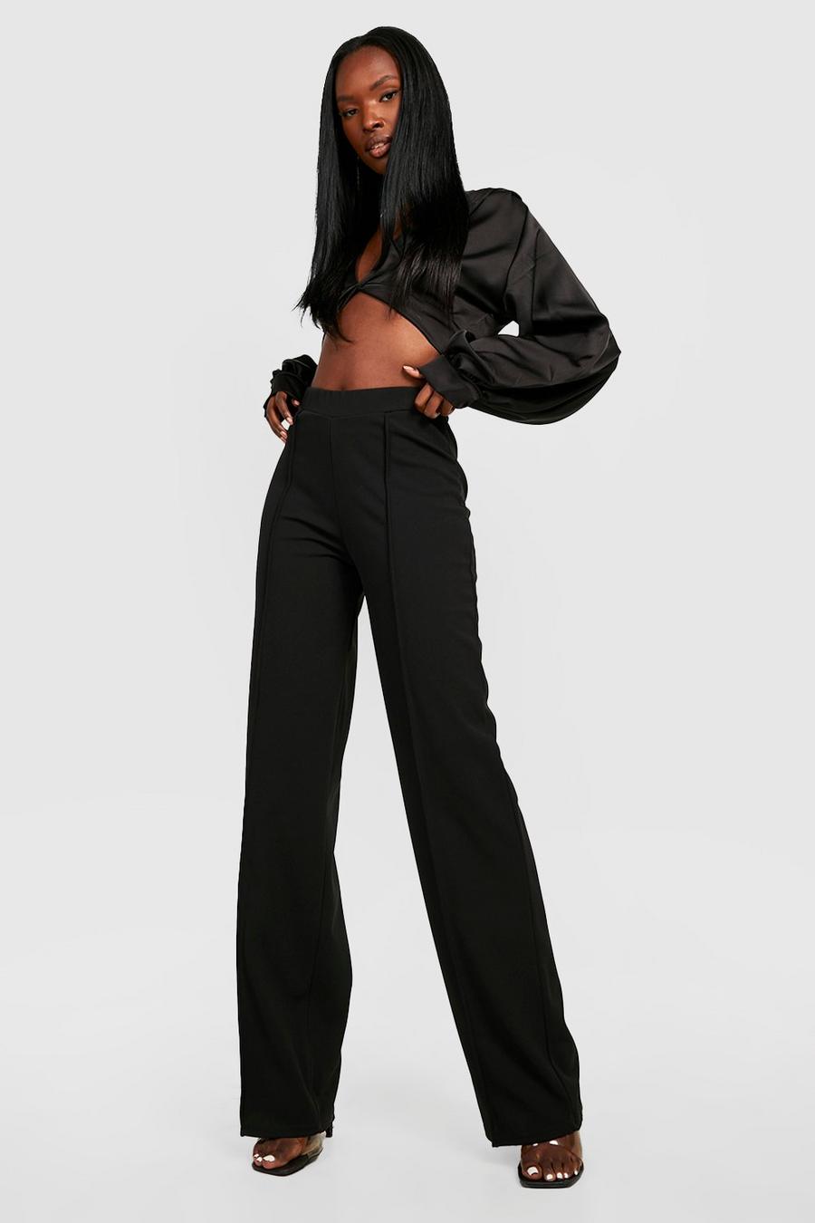 Black High Waisted Pin Tuck Wide Full Length Pants image number 1