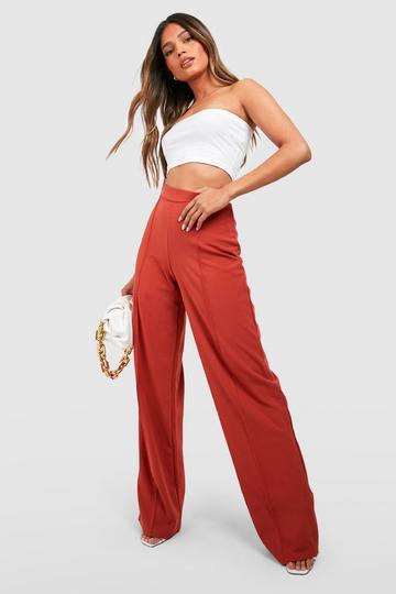 High Waisted Pin Tuck Wide Full Length Pants rust