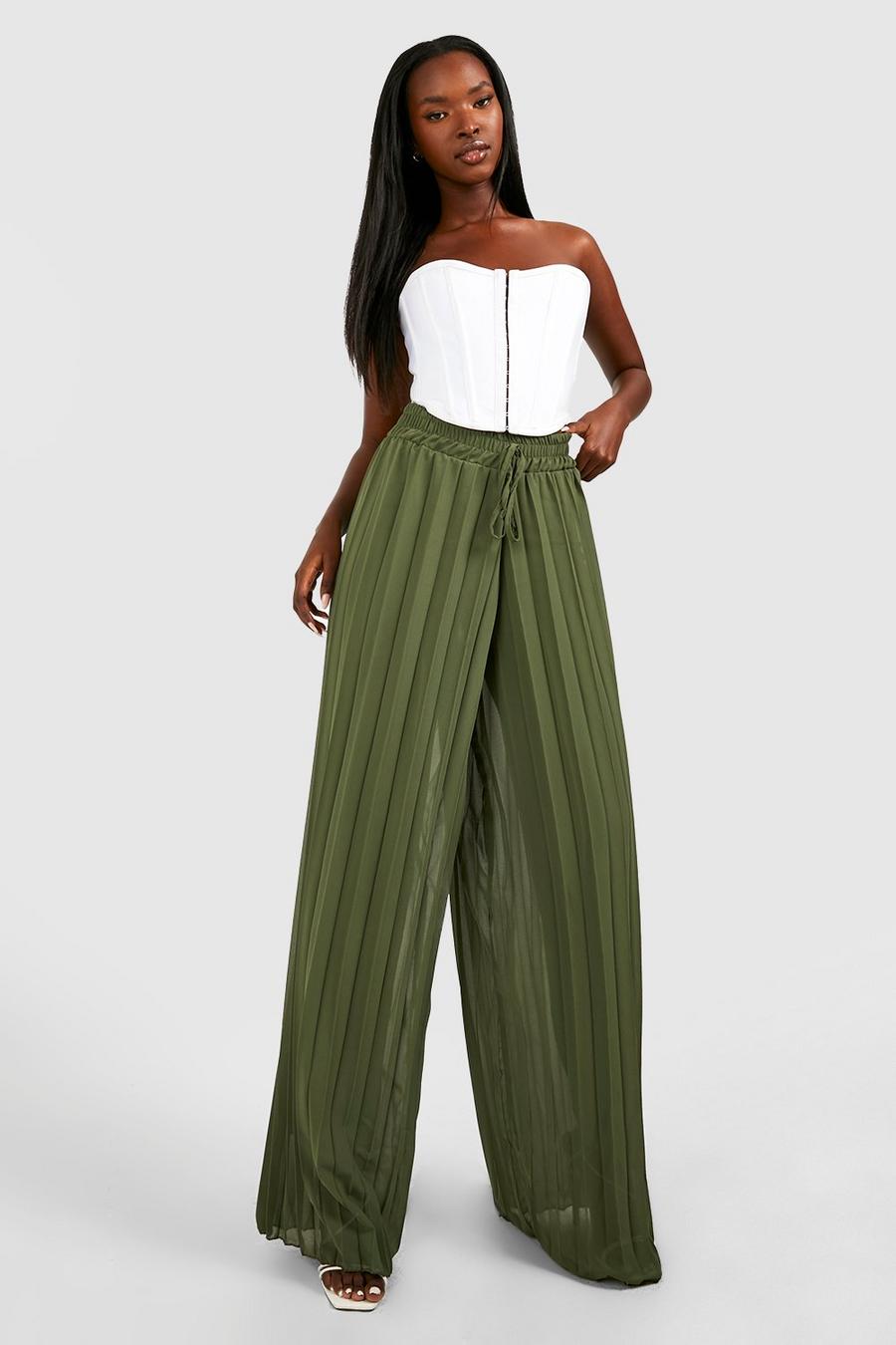 Chartreuse Chiffon Pleated Wide Leg Palazzo Trousers  image number 1