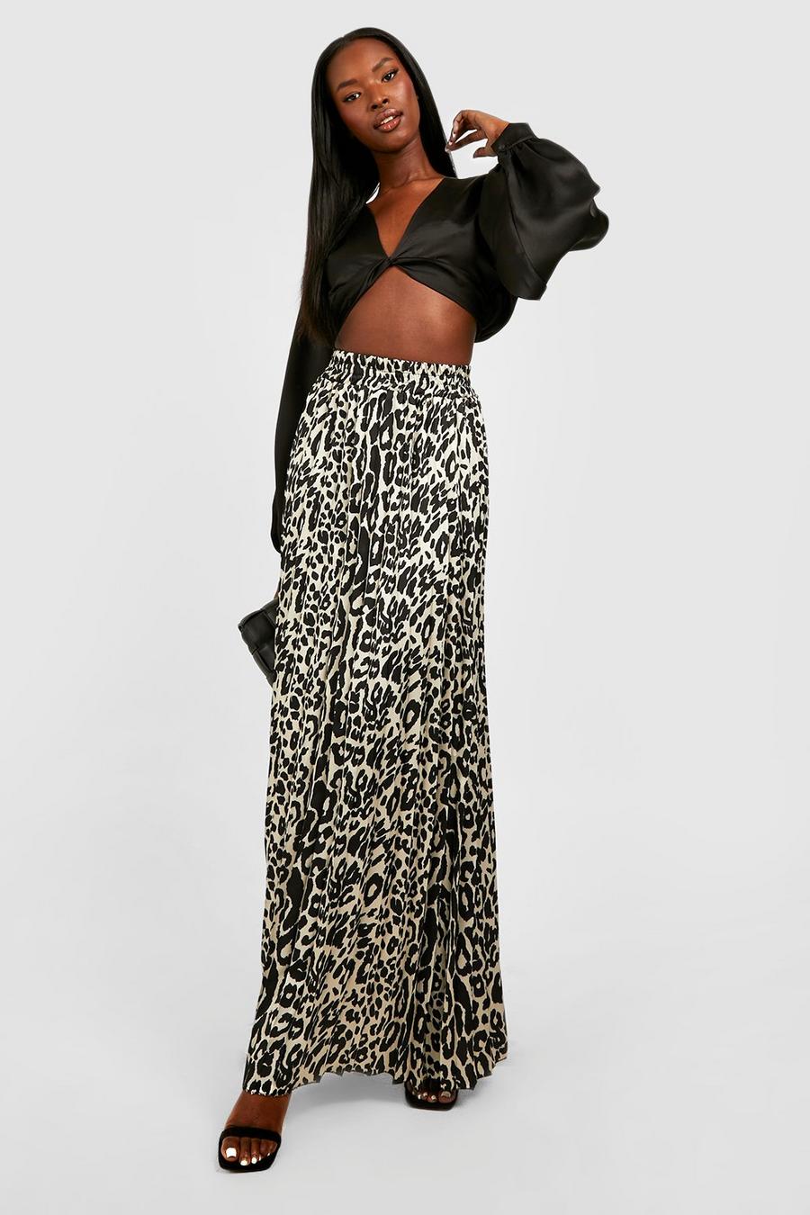Tan Leopard Pleated Satin Midi Skirt image number 1
