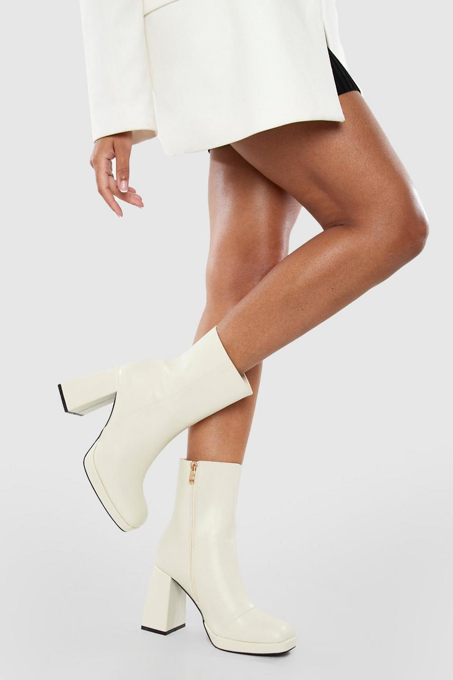 Ecru blanc Wide Fit Platform Block Heel Boots