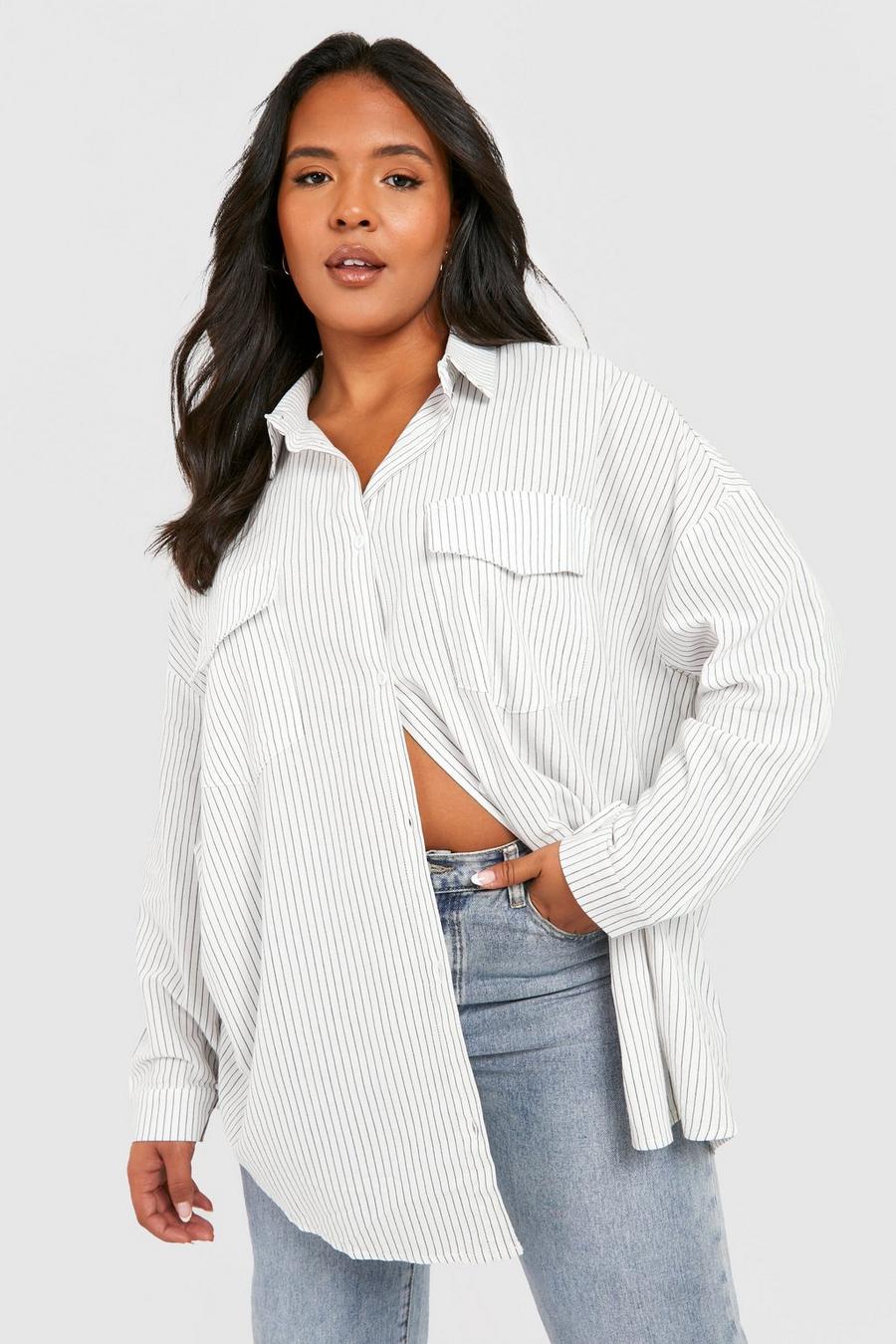 Camicia Plus Size oversize a righe intessute, White image number 1