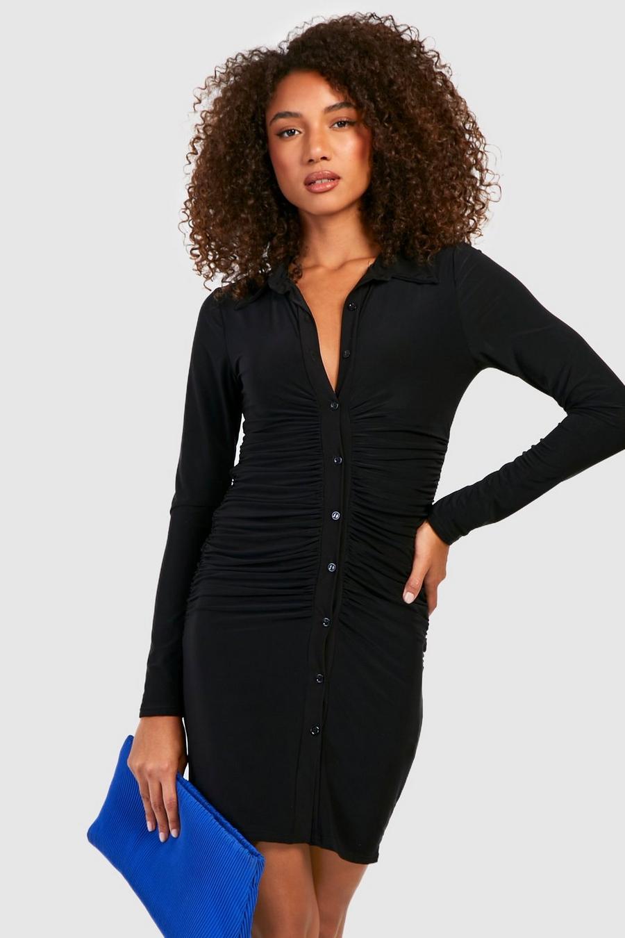 Black Tall Slinky Button Front Ruched Mini Shirt Dress image number 1