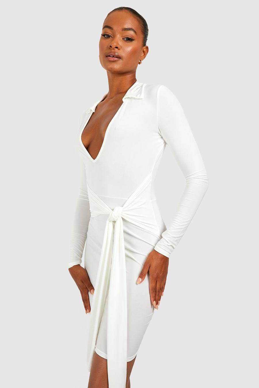 White Tall Slinky Tie Front Plunge Mini Shirt Dress image number 1
