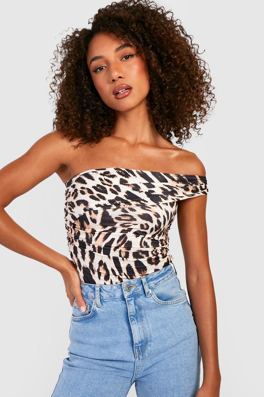 Brown Tall Double Slinky Leopard Asymmetric Bodysuit image number 1