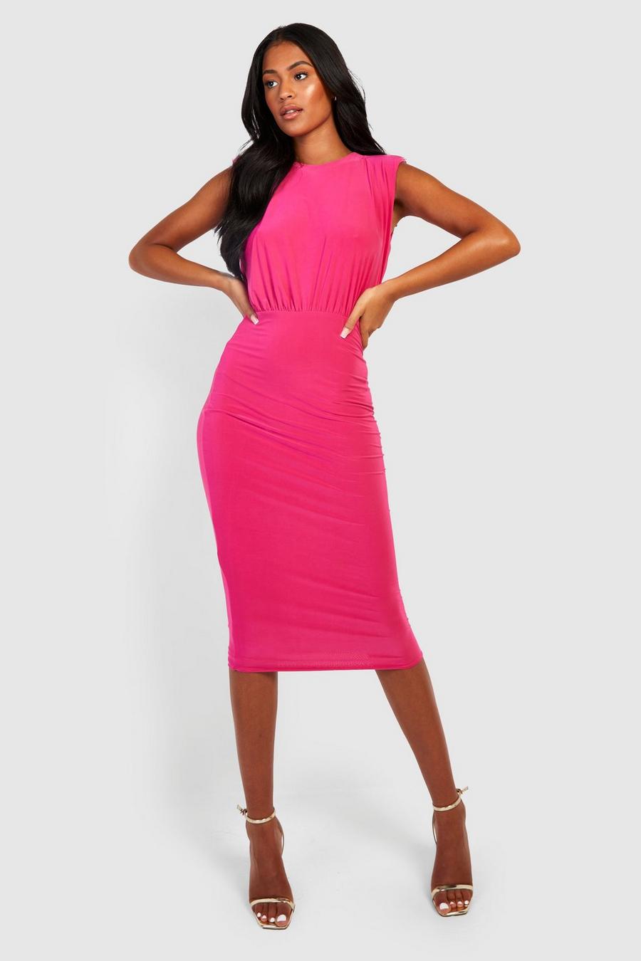 Pink Tall Double Slinky Shoulderpad Midi Dress