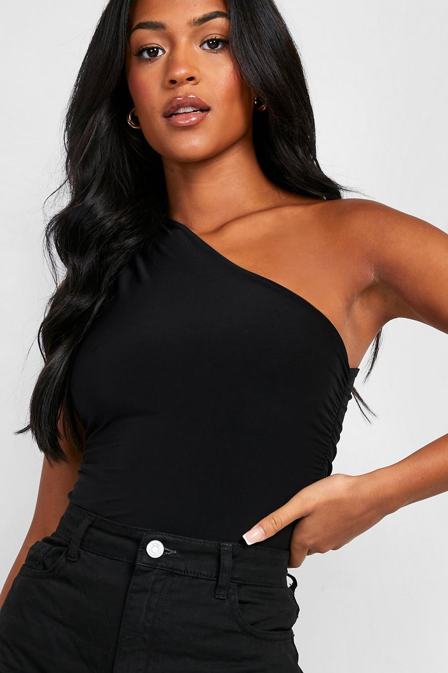 Black Tall Double Slinky Gathered One Shoulder Bodysuit image number 1