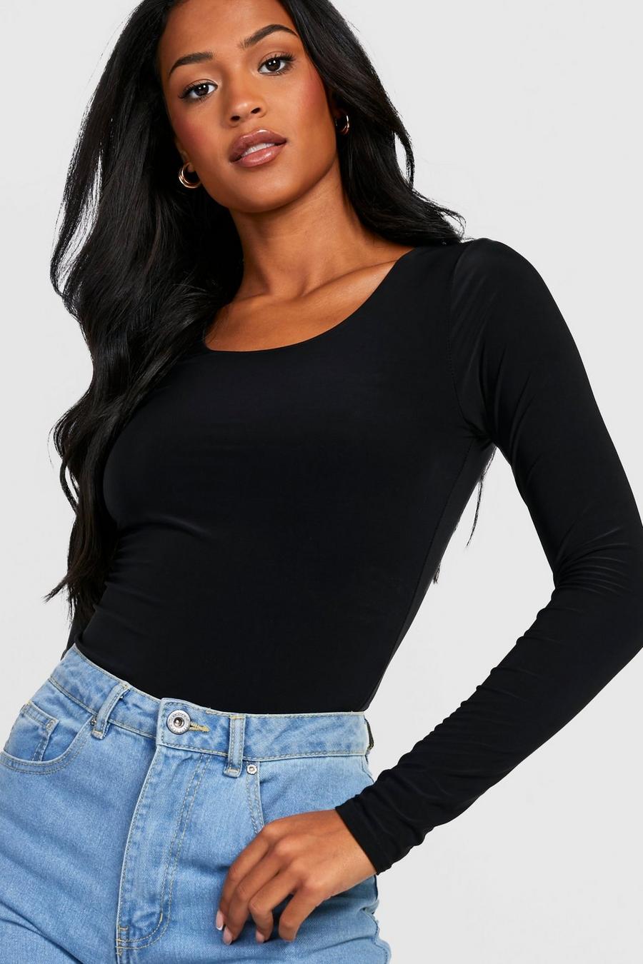 Black Tall Double Slinky Longsleeve Bodysuit image number 1