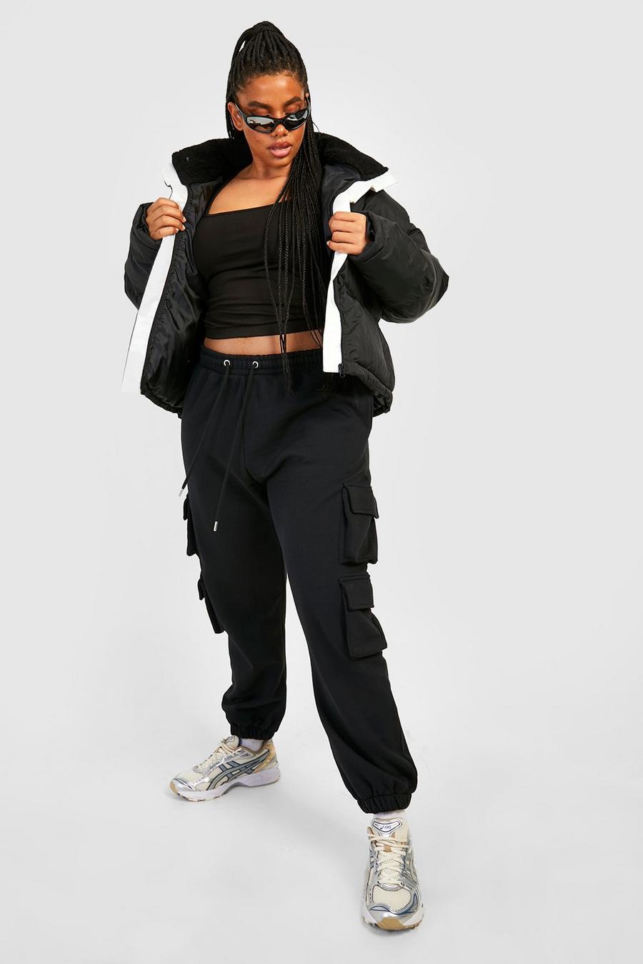 Black Plus Crop Top And Cargo Jogger Tracksuit image number 1