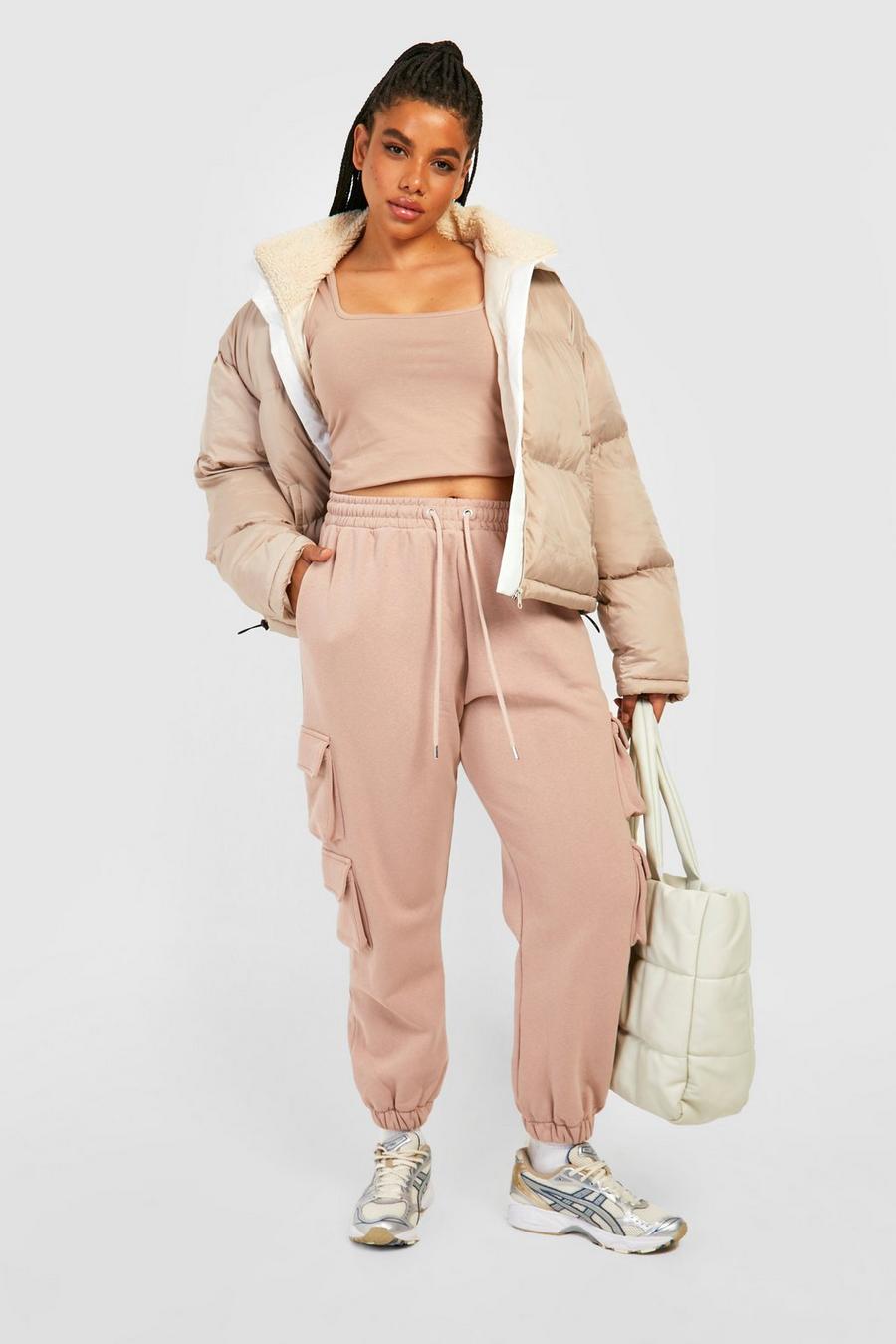Taupe Plus Crop Top And Cargo Jogger Tracksuit image number 1