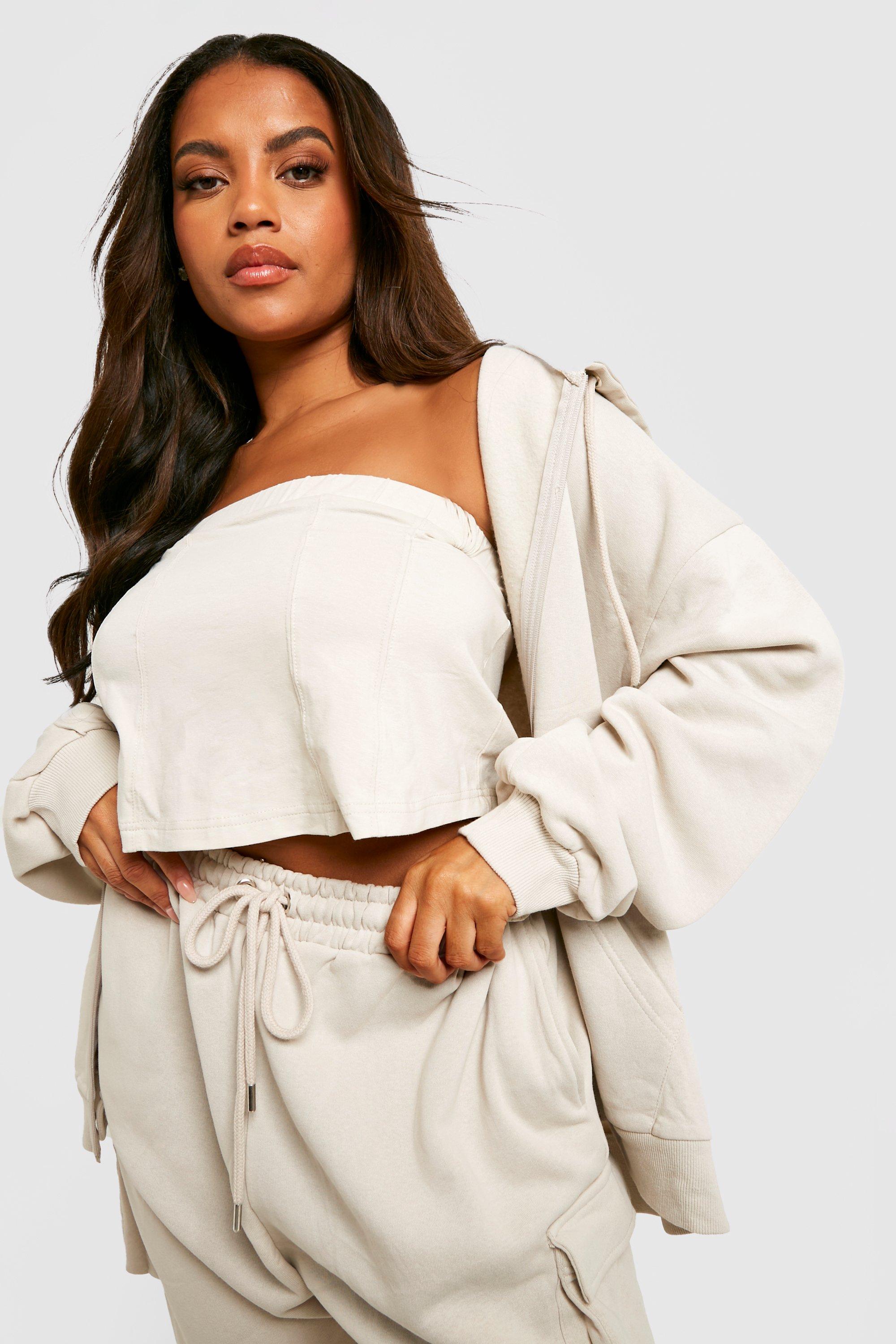 Plus Size Womens Sweat Tracksuit Set With Crop Top And Cargo
